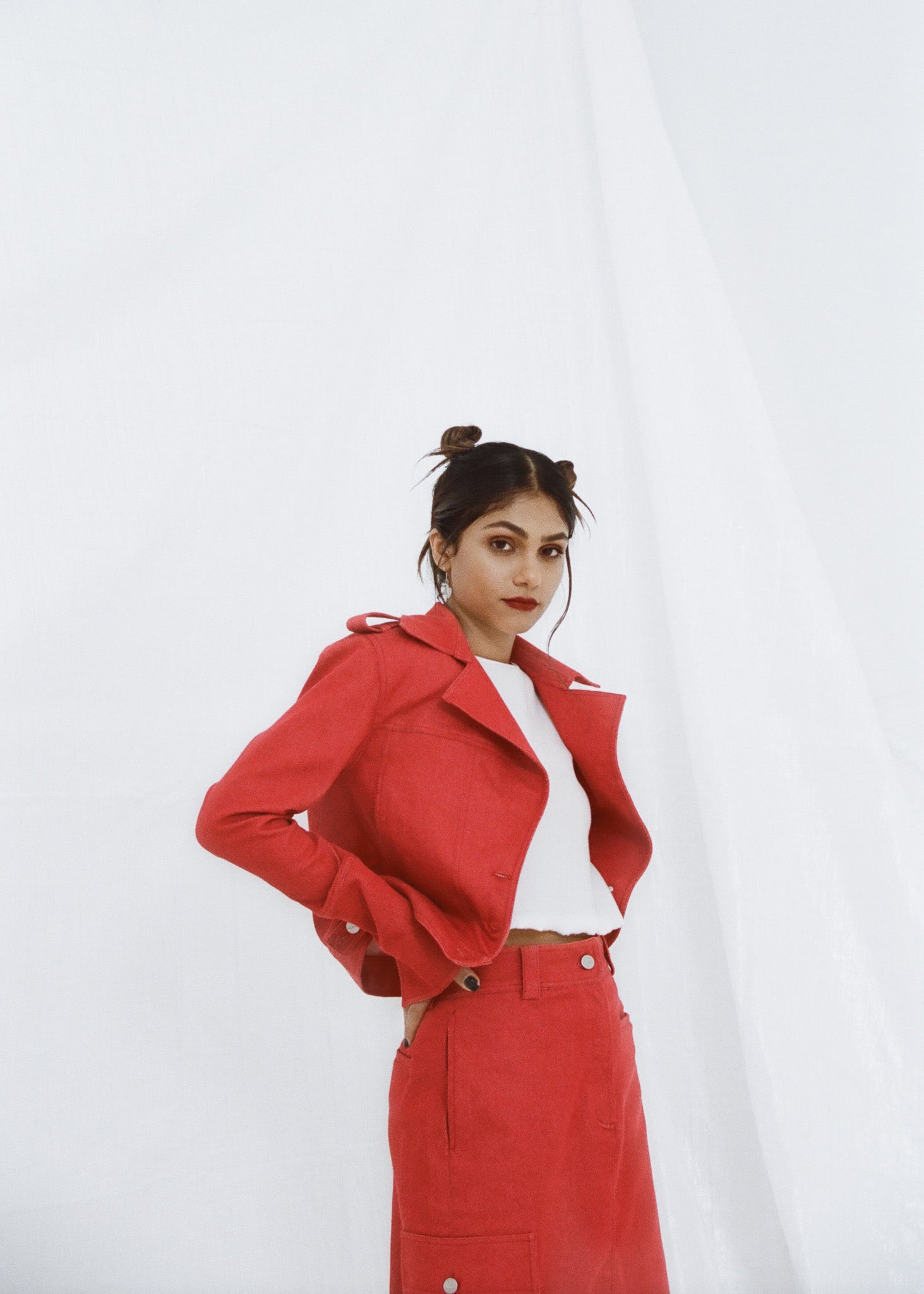 Red denim suit