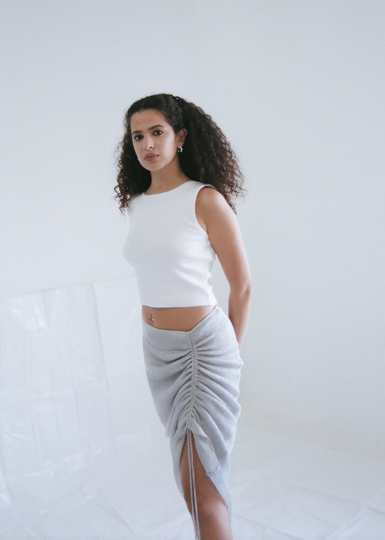 Ruched silver pencil skirt
