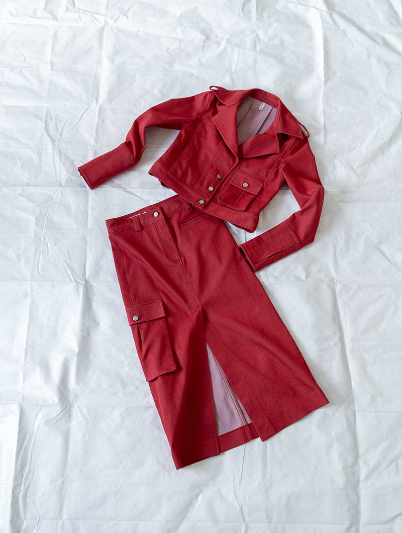Red denim suit